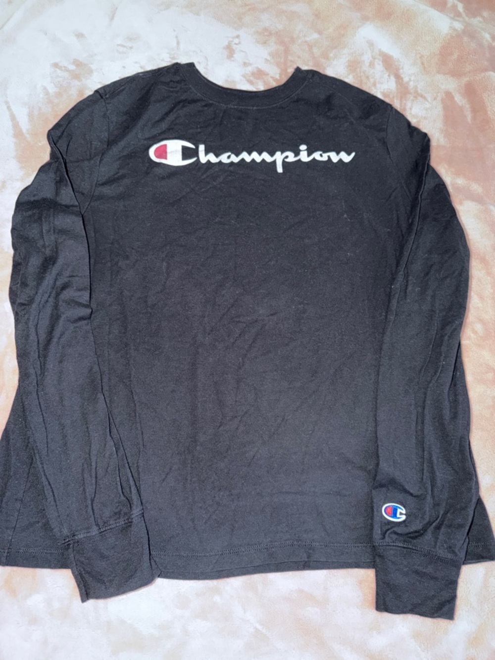 Champion Black Long Sleeve Logo Tee with Red Accent
